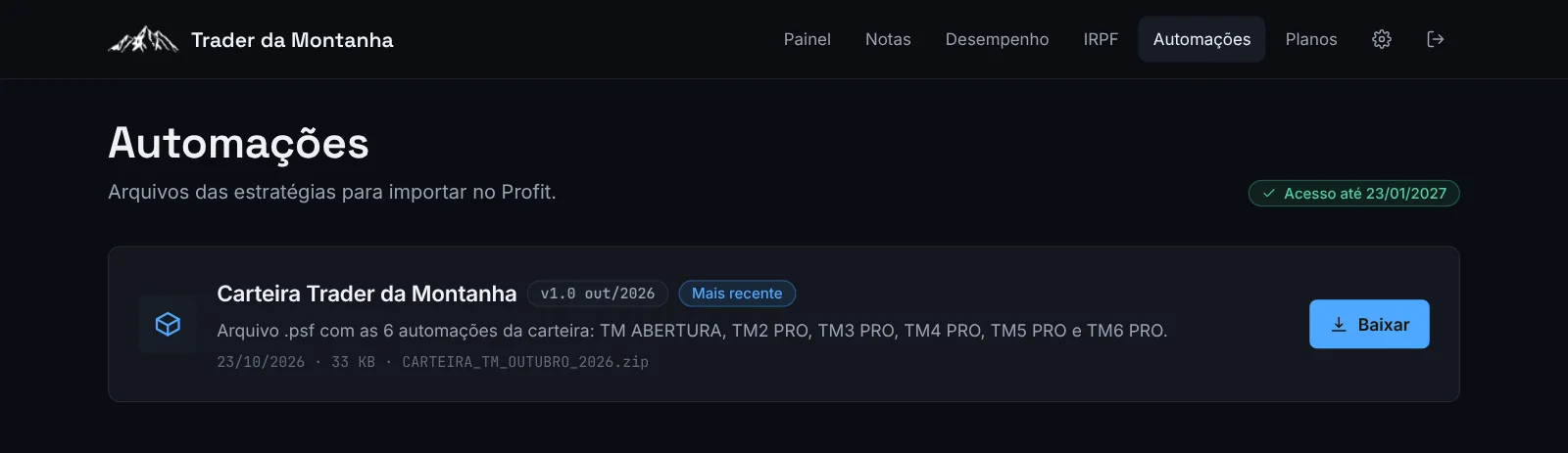 Área de automações com a versão mais recente da carteira.