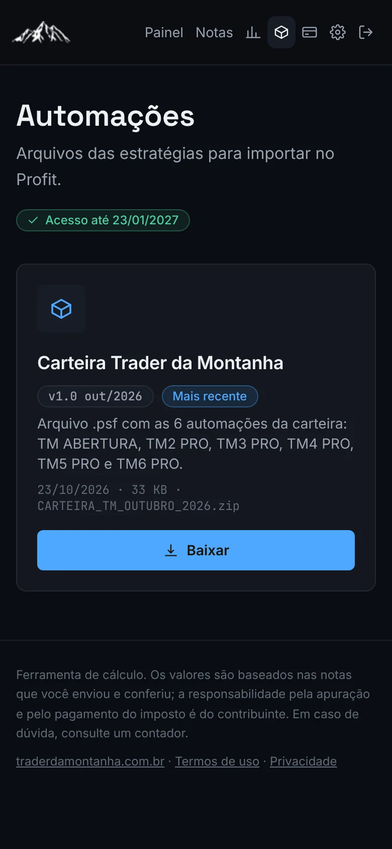 No celular dá para ver a versão atual, mas a importação é feita no computador com a Profit.