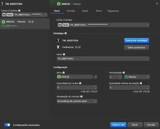 Configuração da TM ABERTURA na Profit Pro: 1 minuto e 5 contratos.