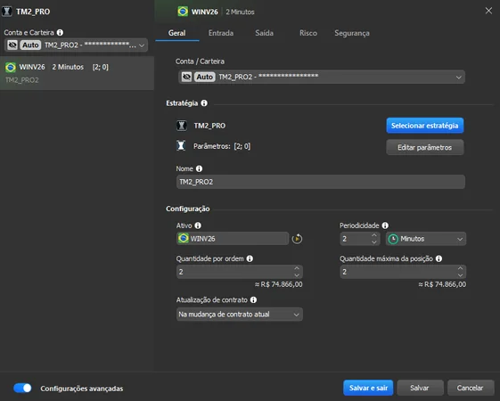 Janela de configuração da automação na Profit (exemplo: TM2 PRO).