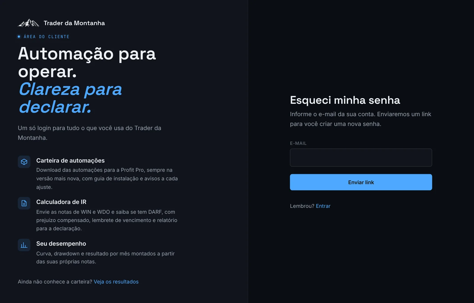 Pedido de link para criar uma nova senha.