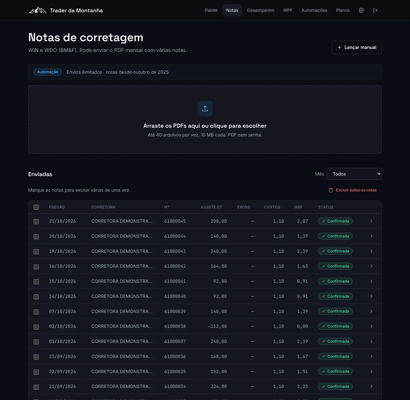 Tela de notas: área de envio e a lista de notas enviadas.